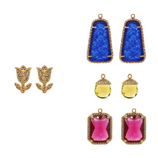 COMBO ARETE TULIP GOLD + DROP TRAPEZ JADE AZUL, DROP FUT GOLD AMARILLO, DROP SQUARE GOLD ROSA