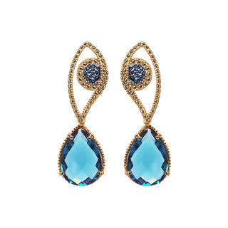 Aretes dorados con pavé y drop de cristal azul, diseño elegante y fluido