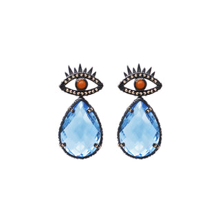 Aretes con diseño de ojo pavé y drop de cristal azul lumiere, estilo místico único