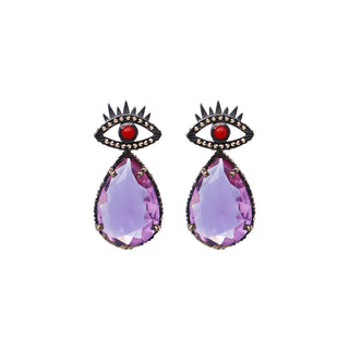 Aretes ojo pavé con drop de cristal morado, diseño místico y sofisticado